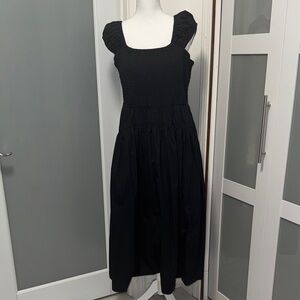 Nordstrom Black Smocked Square-Neck Midi Dress with Puff Sleeves